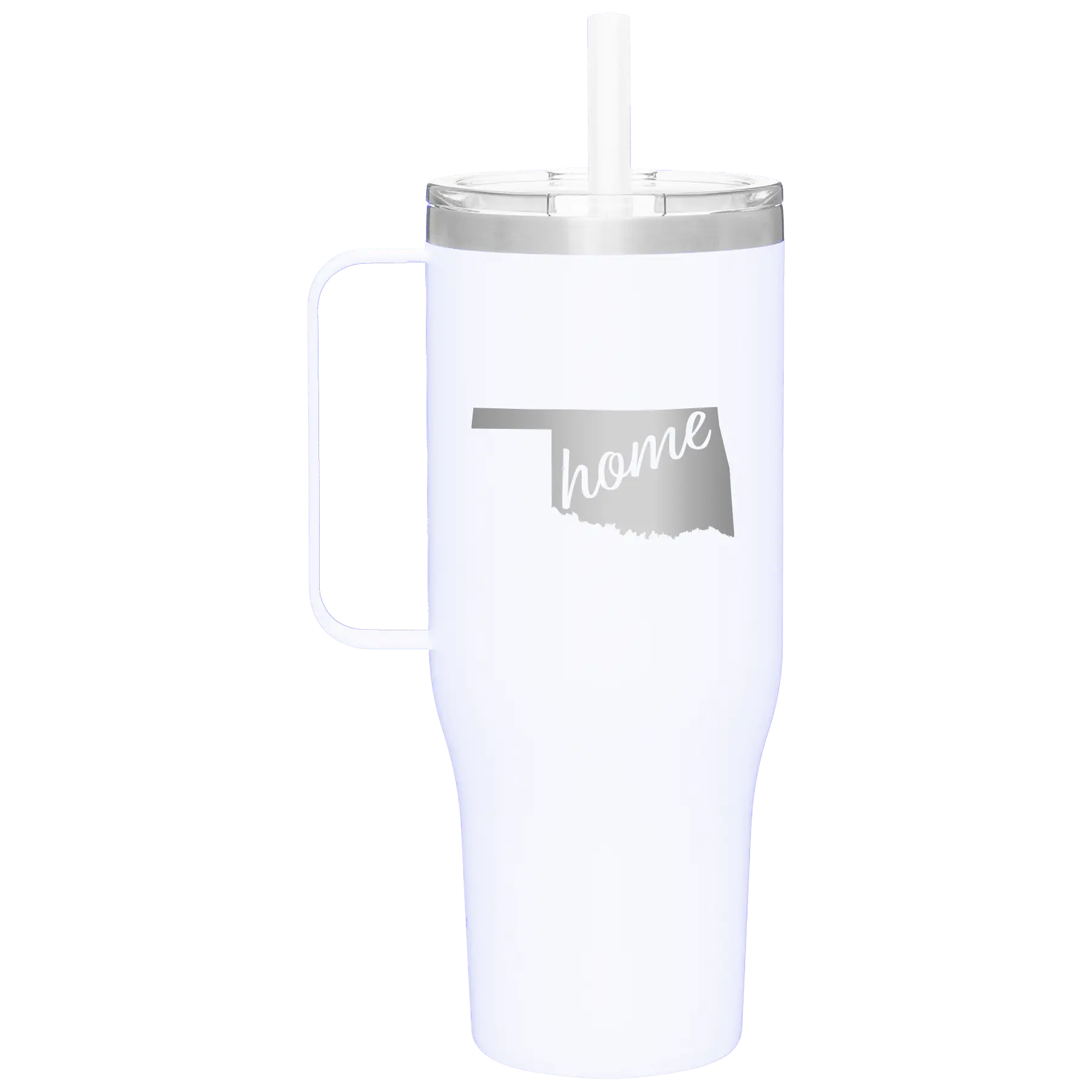 Laser etched white 40 oz vacuum insulated tumbler mug with 'Oklahoma Home' design