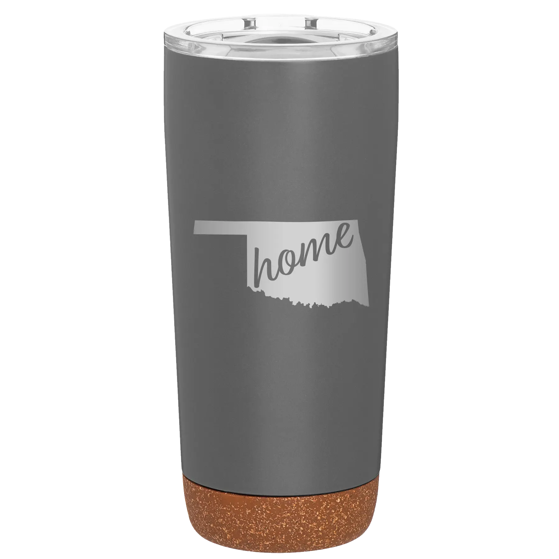 Laser etched storm gray 20 oz vacuum insulated tumbler with 'Oklahoma Home' design