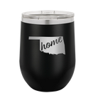 Laser etched black 12 oz vacuum insulated wine cup with 'Oklahoma Home' design