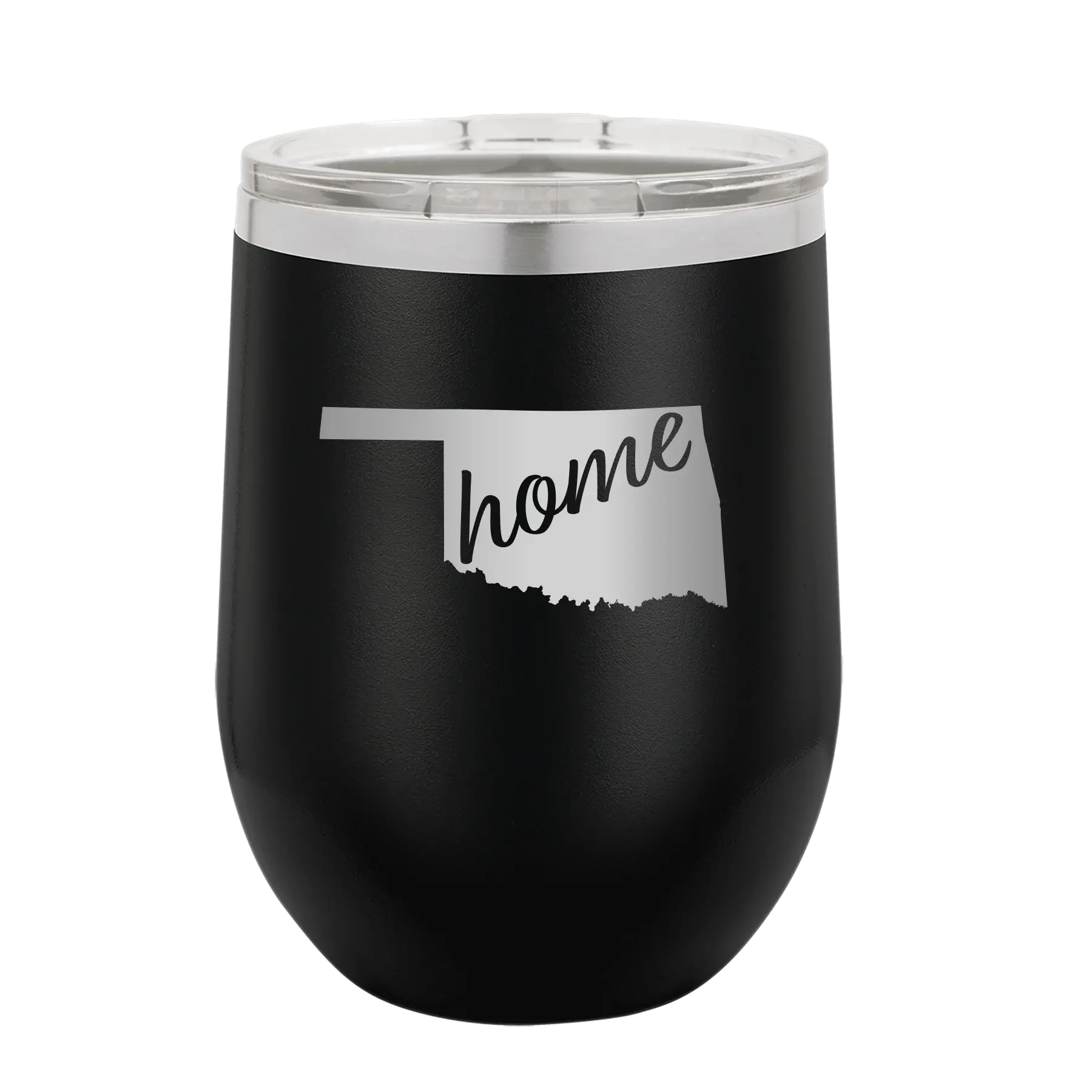 Laser etched black 12 oz vacuum insulated wine cup with 'Oklahoma Home' design