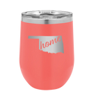 Laser etched coral 12 oz vacuum insulated wine cup with 'Oklahoma Home' design