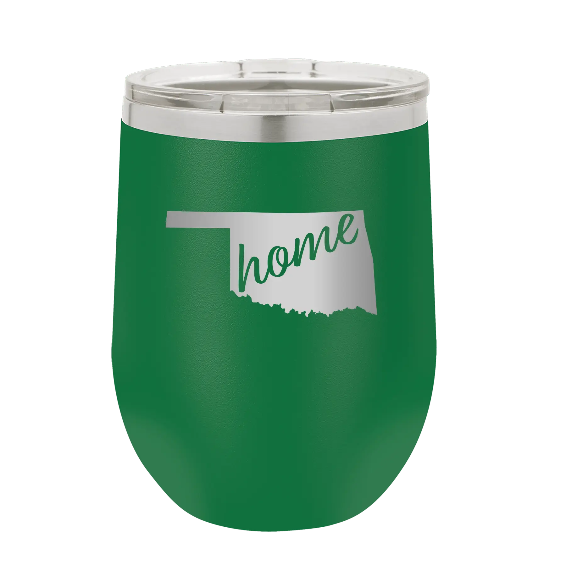 Laser etched green 12 oz vacuum insulated wine cup with 'Oklahoma Home' design