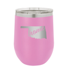Laser etched light purple 12 oz vacuum insulated wine cup with 'Oklahoma Home' design