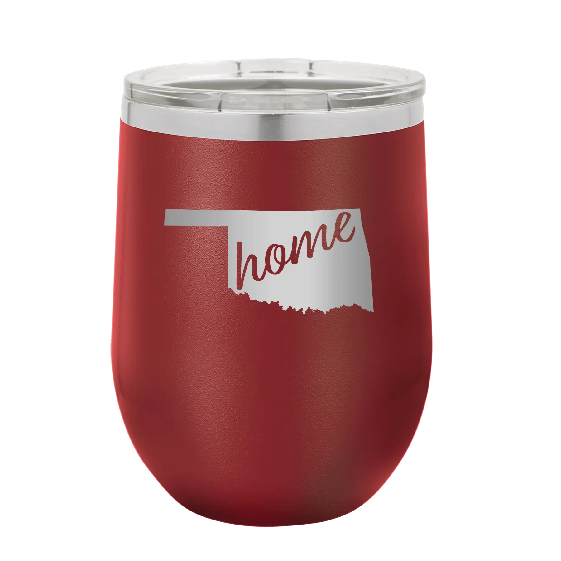 Laser etched maroon 12 oz vacuum insulated wine cup with 'Oklahoma Home' design