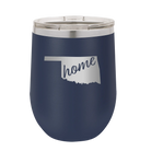 Laser etched navy 12 oz vacuum insulated wine cup with 'Oklahoma Home' design