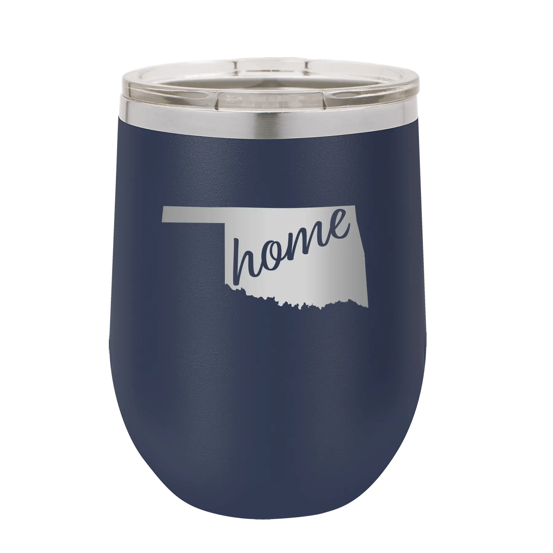 Laser etched navy 12 oz vacuum insulated wine cup with 'Oklahoma Home' design