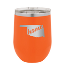 Laser etched orange 12 oz vacuum insulated wine cup with 'Oklahoma Home' design