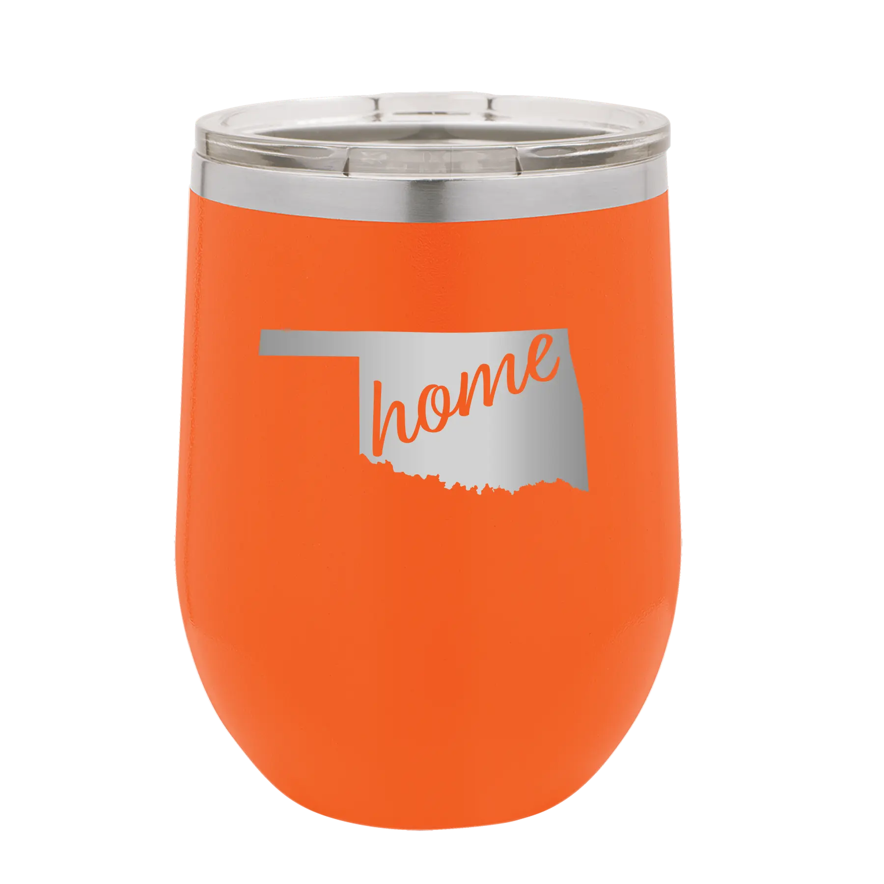 Laser etched orange 12 oz vacuum insulated wine cup with 'Oklahoma Home' design
