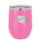 Laser etched pink 12 oz vacuum insulated wine cup with 'Oklahoma Home' design