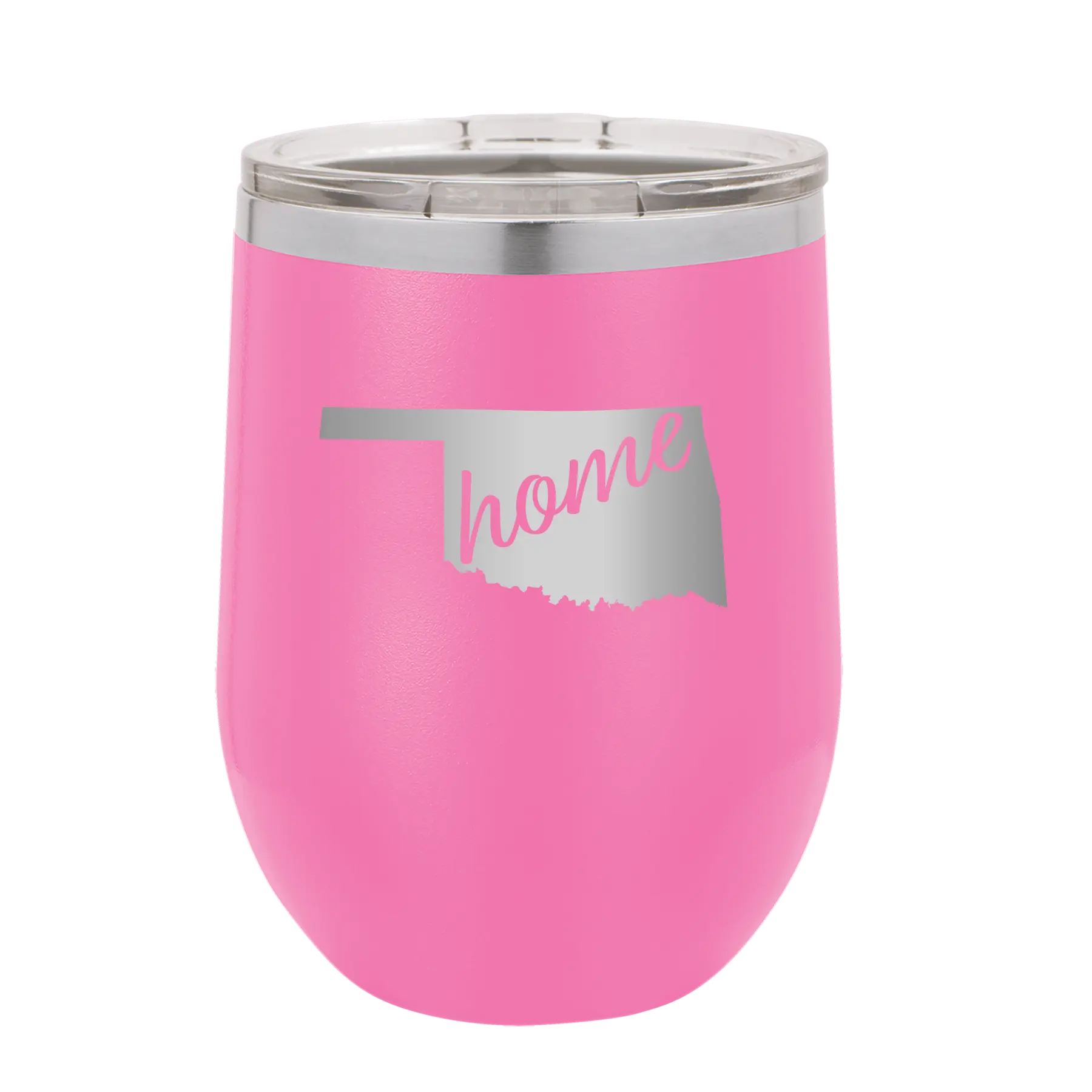 Laser etched pink 12 oz vacuum insulated wine cup with 'Oklahoma Home' design