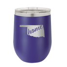 Laser etched purple 12 oz vacuum insulated wine cup with 'Oklahoma Home' design