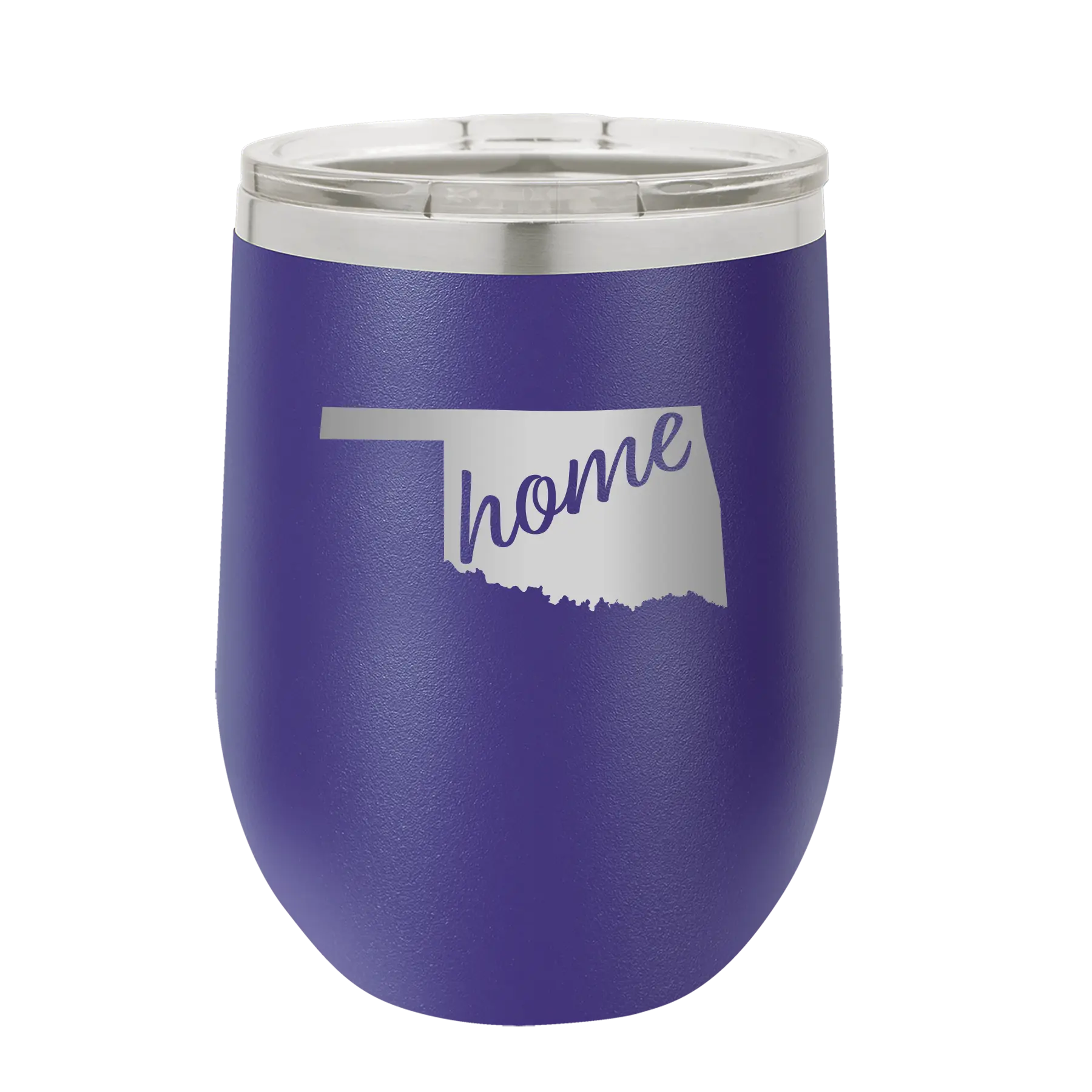 Laser etched purple 12 oz vacuum insulated wine cup with 'Oklahoma Home' design