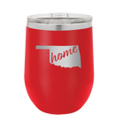 Laser etched red 12 oz vacuum insulated wine cup with 'Oklahoma Home' design