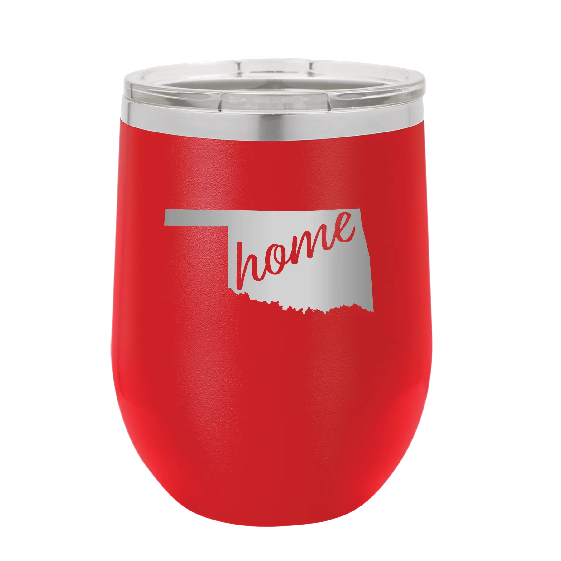 Laser etched red 12 oz vacuum insulated wine cup with 'Oklahoma Home' design