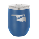 Laser etched royal blue 12 oz vacuum insulated wine cup with 'Oklahoma Home' design