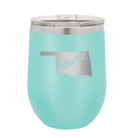 Laser etched teal 12 oz vacuum insulated wine cup with 'Oklahoma Home' design