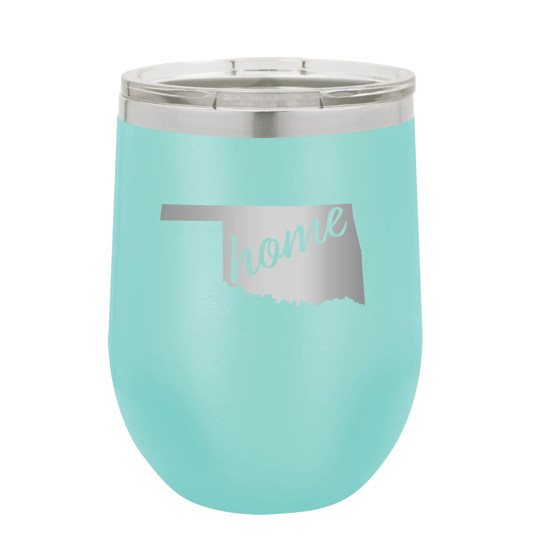 Laser etched teal 12 oz vacuum insulated wine cup with 'Oklahoma Home' design