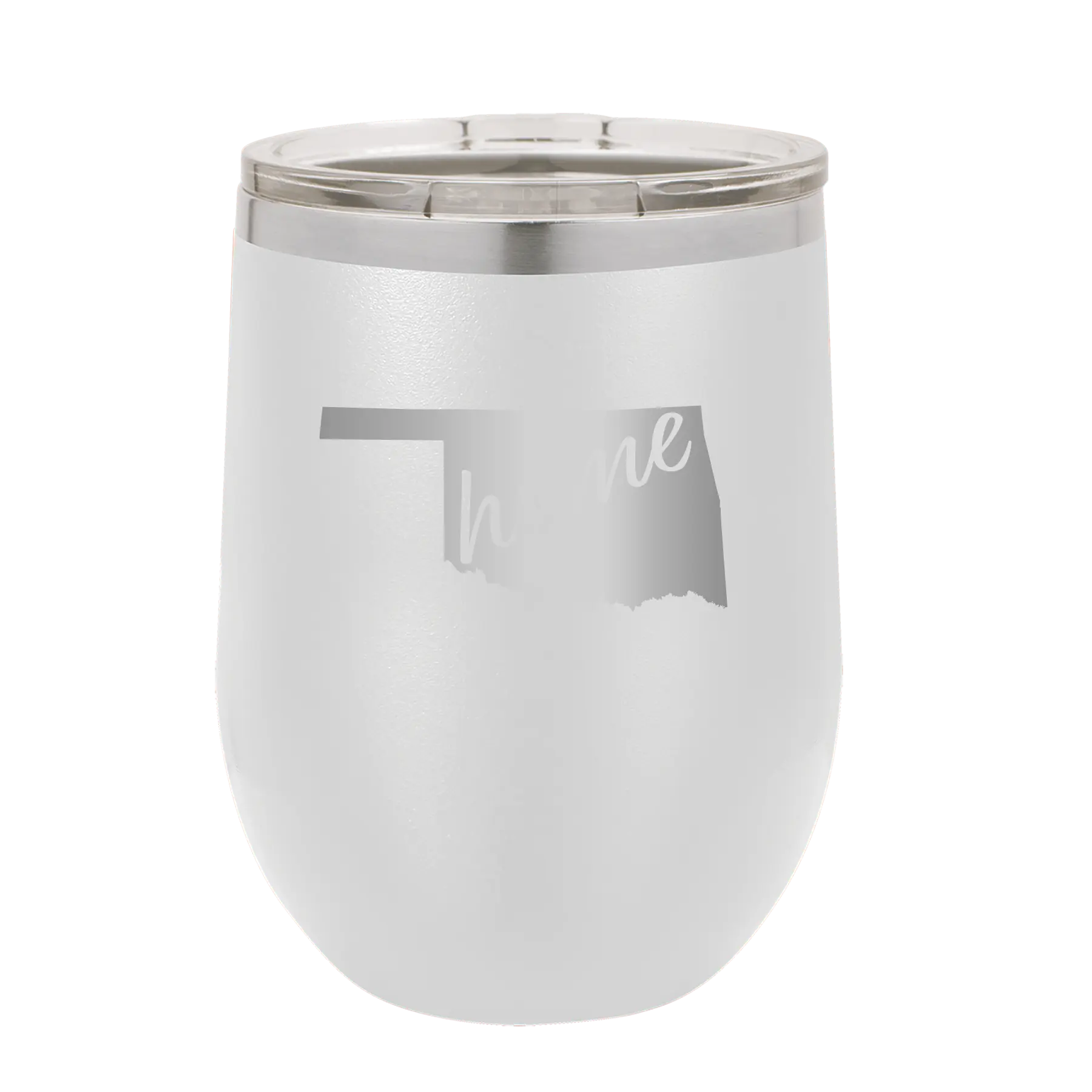 Laser etched white 12 oz vacuum insulated wine cup with 'Oklahoma Home' design