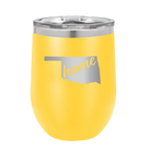 Laser etched yellow 12 oz vacuum insulated wine cup with 'Oklahoma Home' design