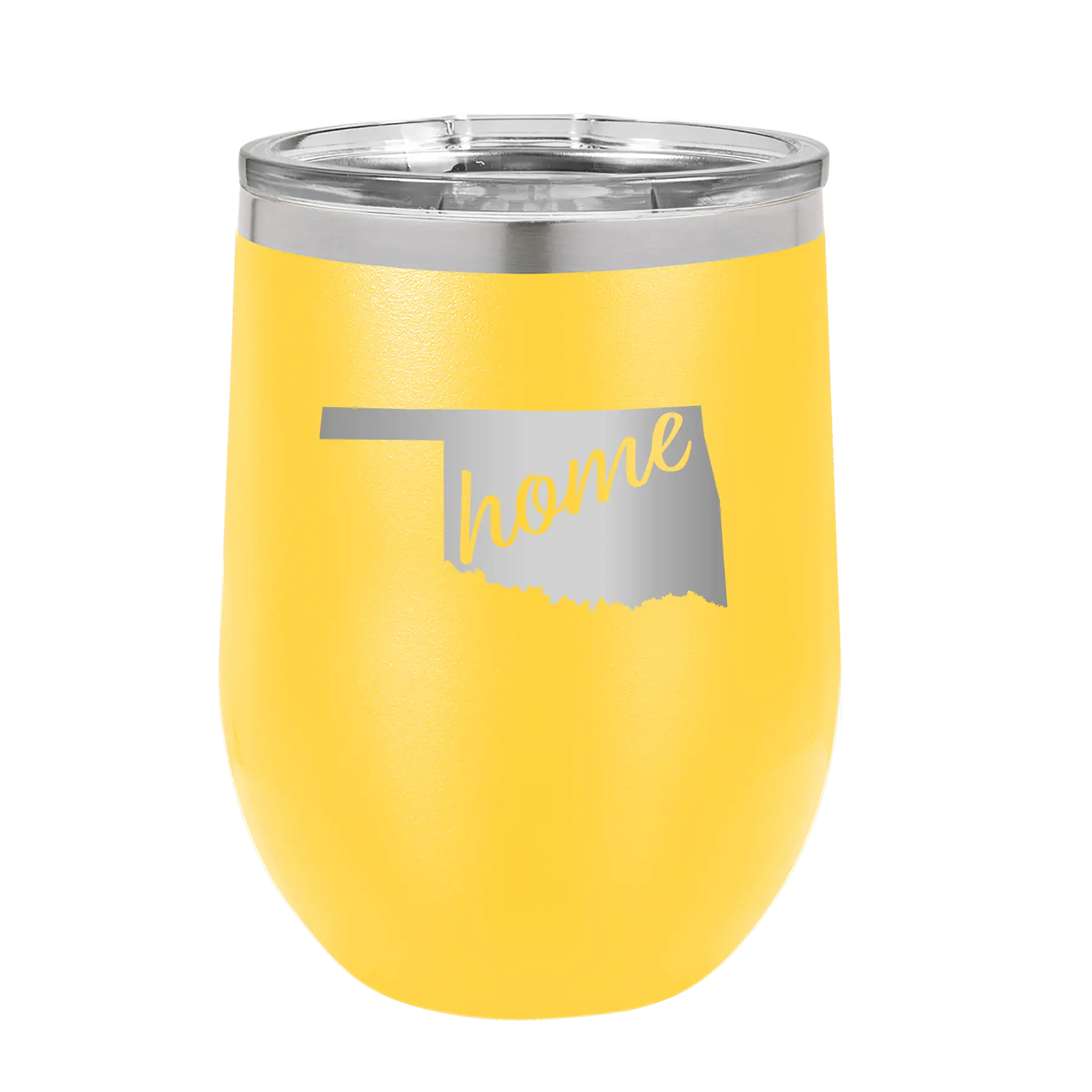 Laser etched yellow 12 oz vacuum insulated wine cup with 'Oklahoma Home' design