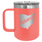 Laser etched coral 15 oz vacuum insulated coffee mug with 'Ohio Home' design