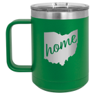 Laser etched green 15 oz vacuum insulated coffee mug with 'Ohio Home' design