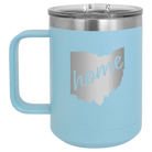 Laser etched light blue 15 oz vacuum insulated coffee mug with 'Ohio Home' design
