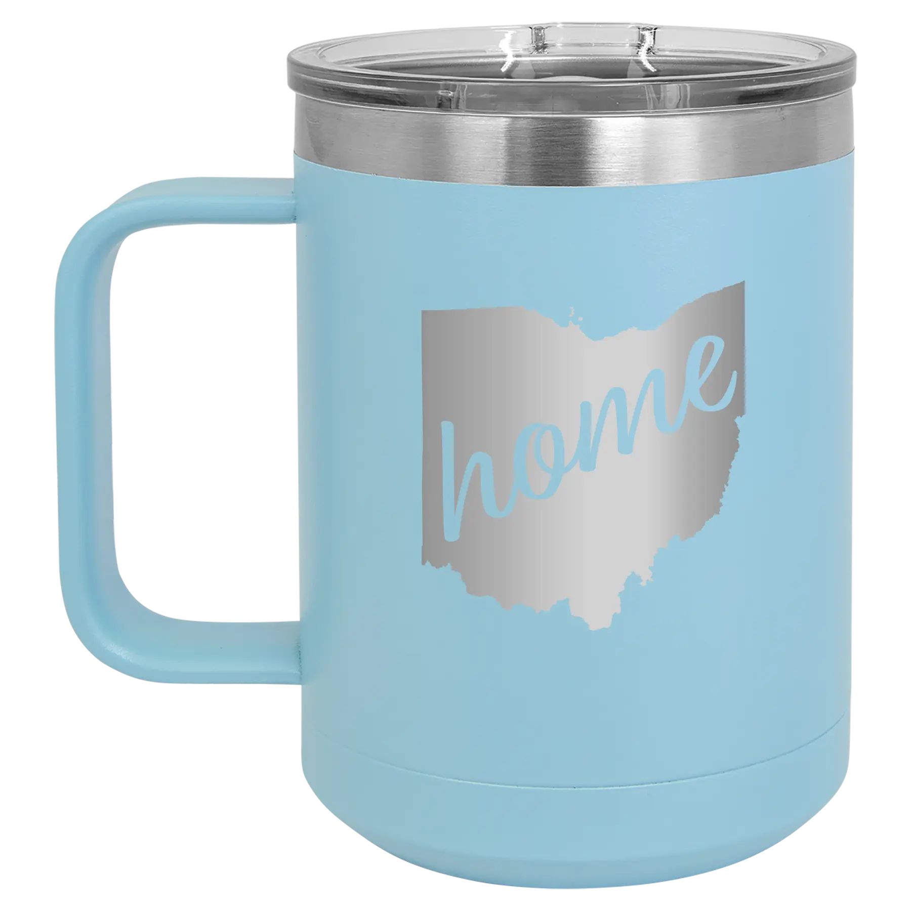 Laser etched light blue 15 oz vacuum insulated coffee mug with 'Ohio Home' design