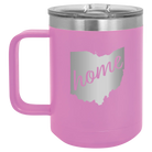 Laser etched light purple 15 oz vacuum insulated coffee mug with 'Ohio Home' design