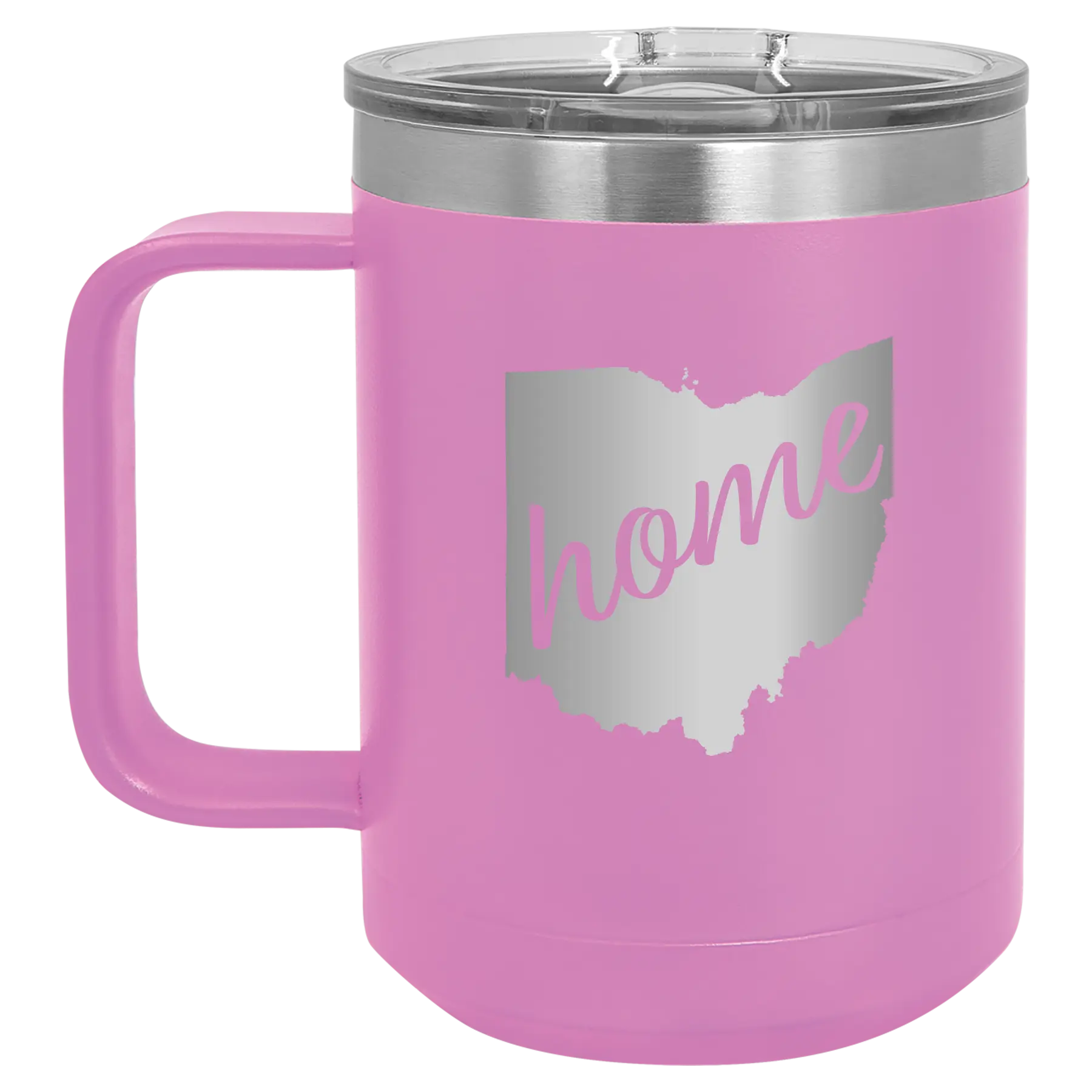 Laser etched light purple 15 oz vacuum insulated coffee mug with 'Ohio Home' design