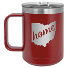 Laser etched maroon 15 oz vacuum insulated coffee mug with 'Ohio Home' design