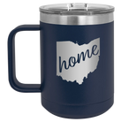Laser etched navy 15 oz vacuum insulated coffee mug with 'Ohio Home' design