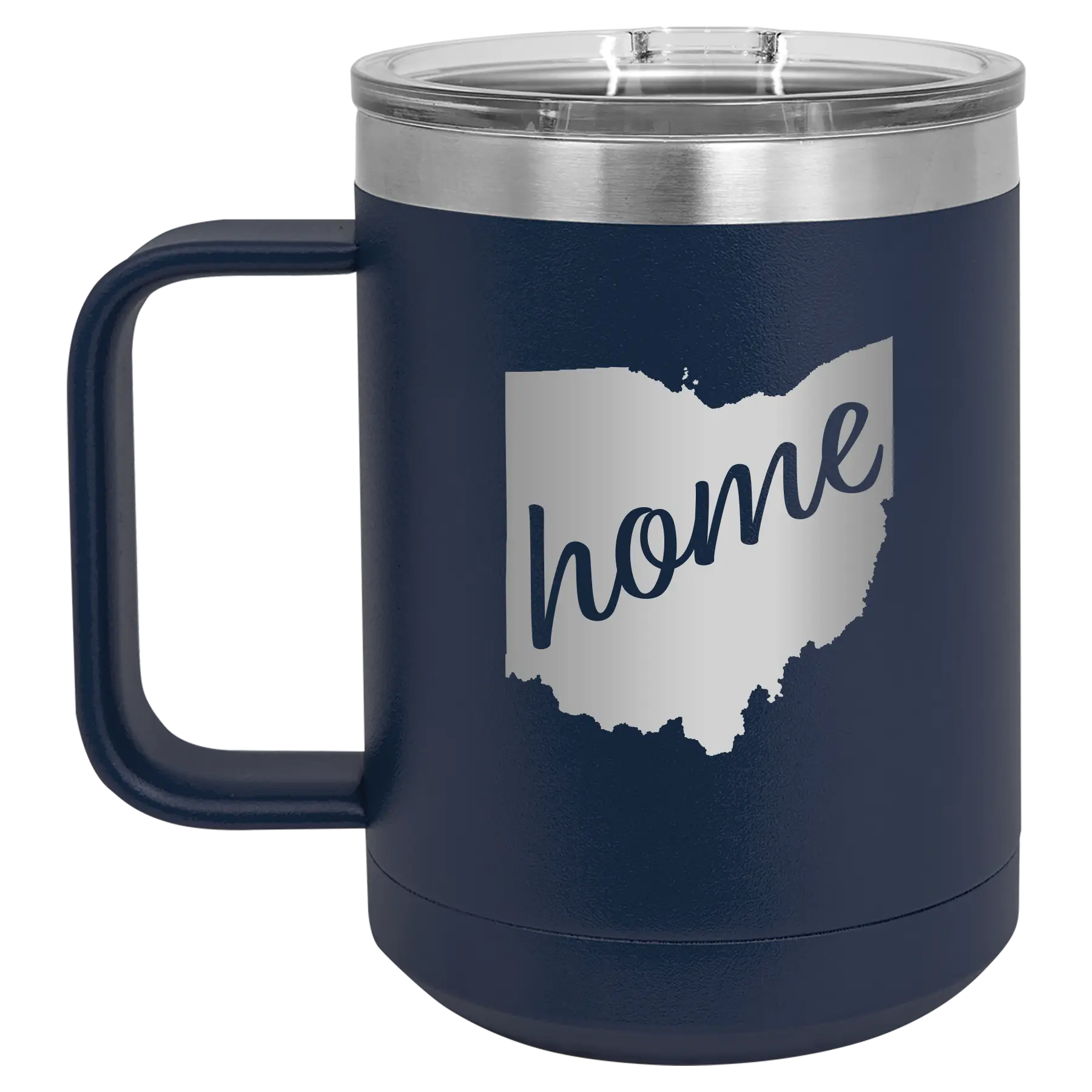 Laser etched navy 15 oz vacuum insulated coffee mug with 'Ohio Home' design