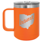 Laser etched orange 15 oz vacuum insulated coffee mug with 'Ohio Home' design