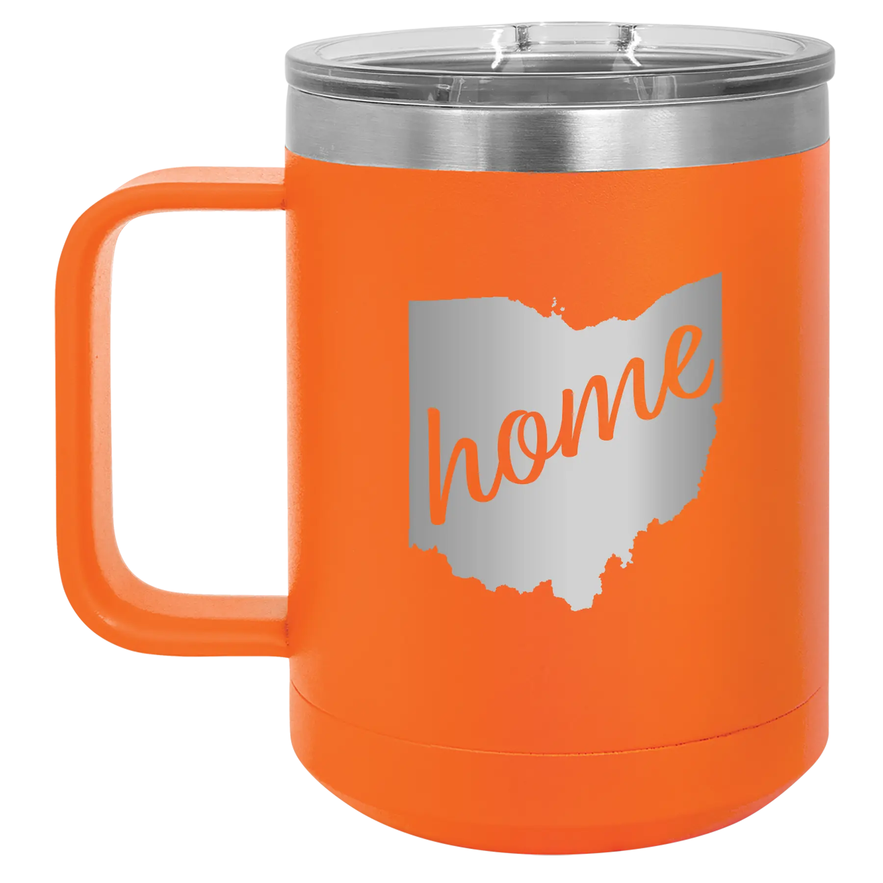 Laser etched orange 15 oz vacuum insulated coffee mug with 'Ohio Home' design