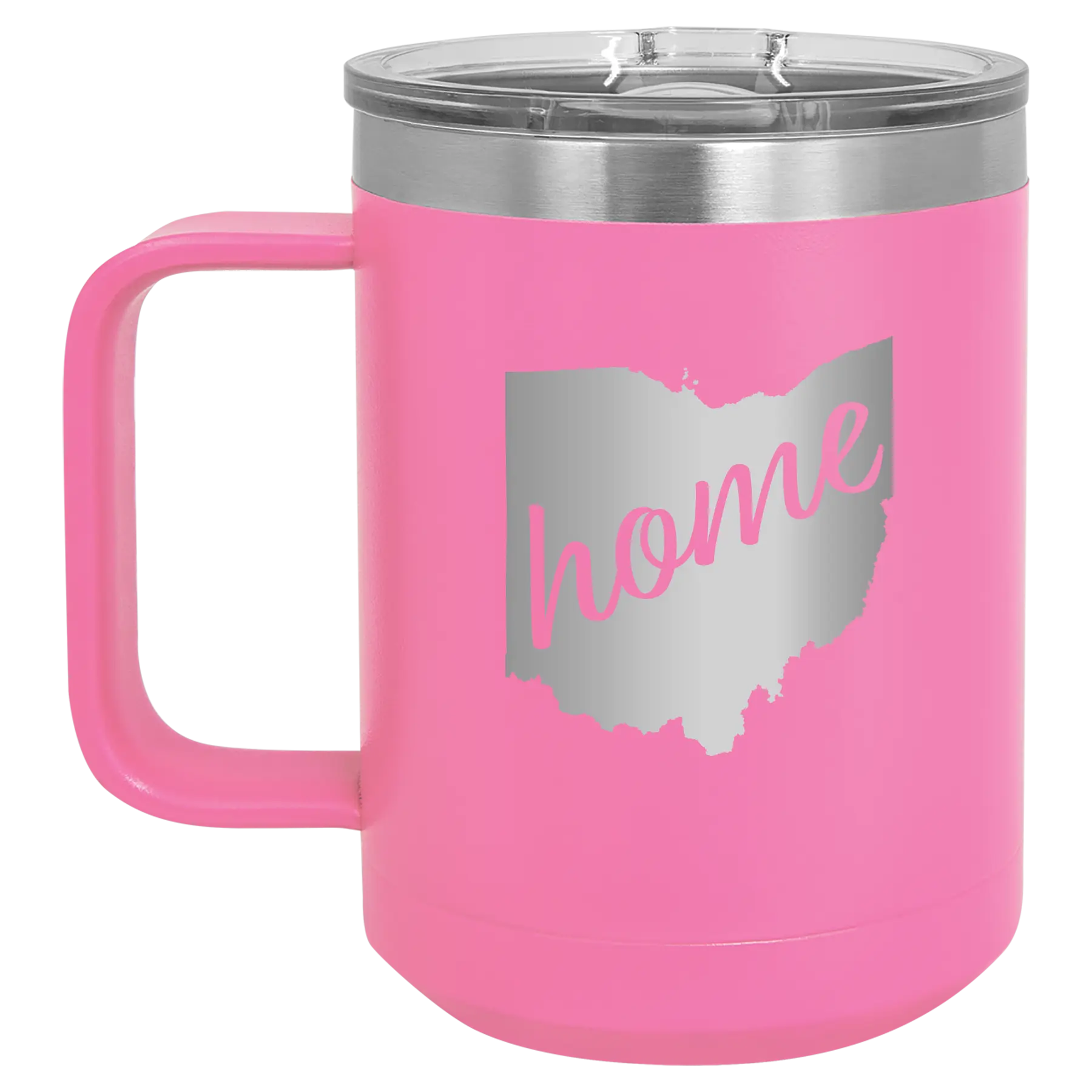 Laser etched pink 15 oz vacuum insulated coffee mug with 'Ohio Home' design