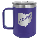 Laser etched purple 15 oz vacuum insulated coffee mug with 'Ohio Home' design