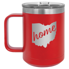 Laser etched red 15 oz vacuum insulated coffee mug with 'Ohio Home' design