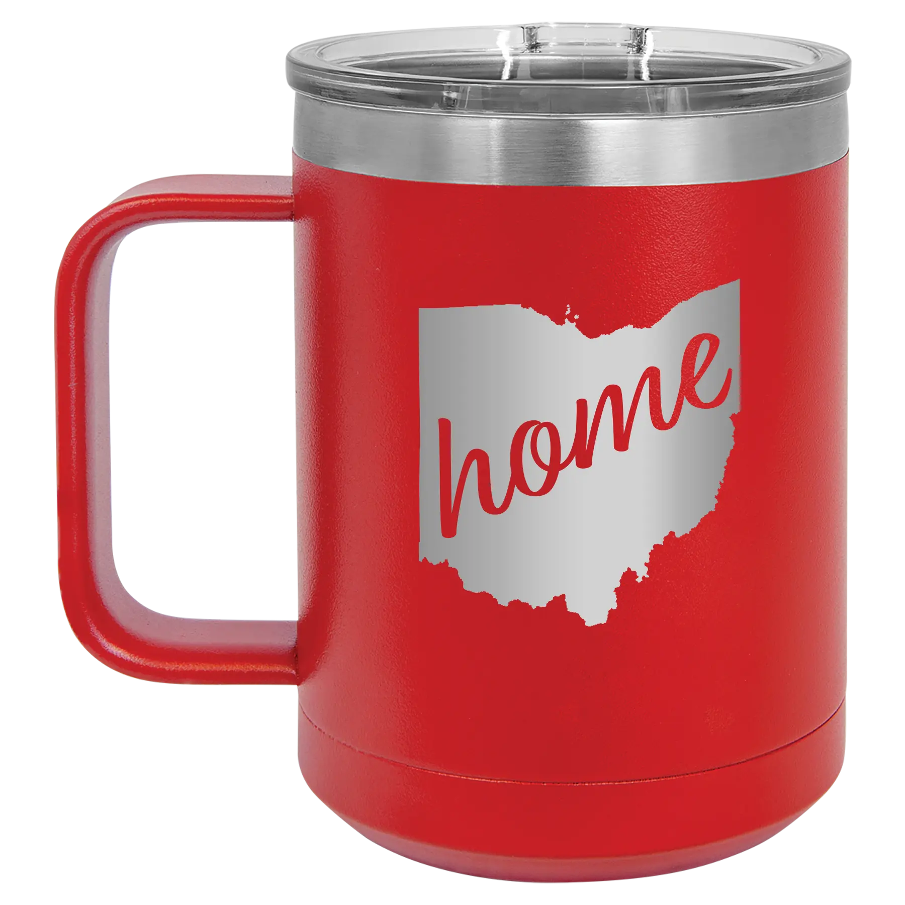 Laser etched red 15 oz vacuum insulated coffee mug with 'Ohio Home' design