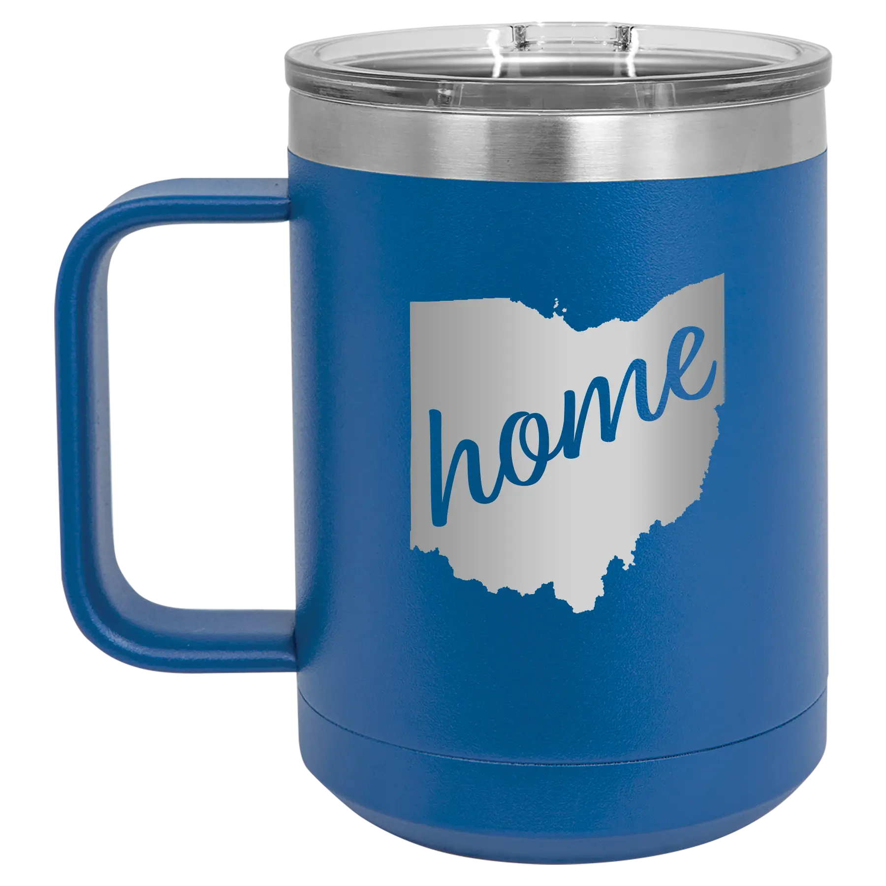 Laser etched royal blue 15 oz vacuum insulated coffee mug with 'Ohio Home' design