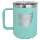 Laser etched teal 15 oz vacuum insulated coffee mug with 'Ohio Home' design