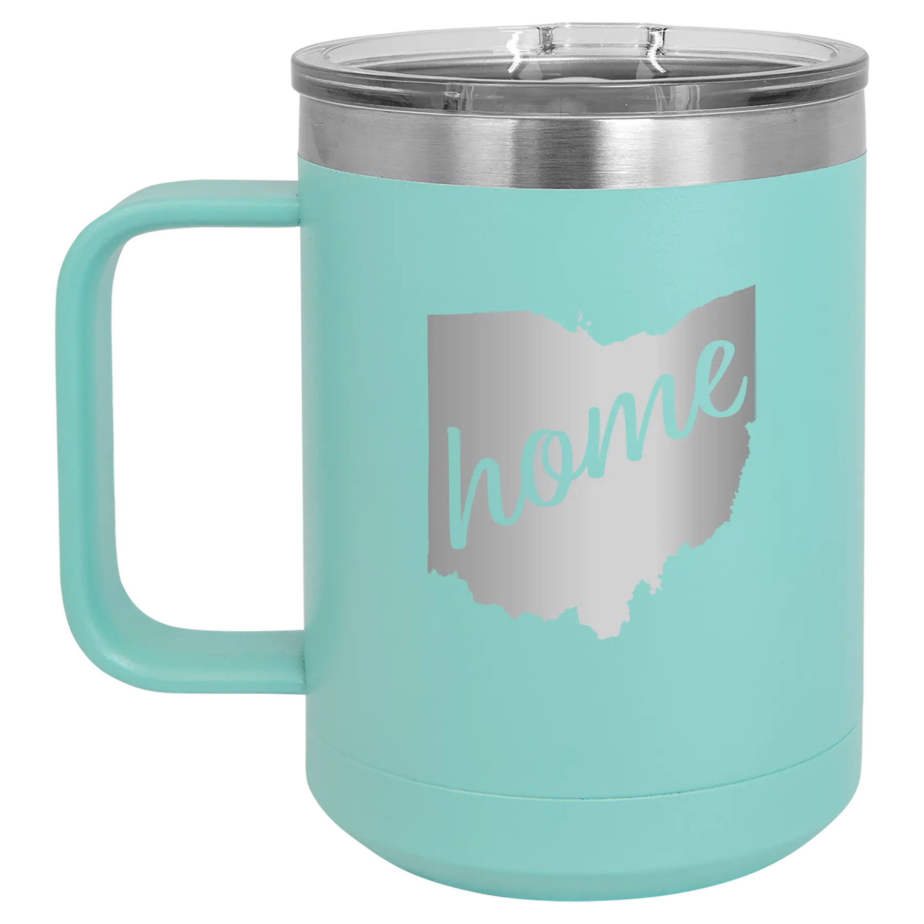 Laser etched teal 15 oz vacuum insulated coffee mug with 'Ohio Home' design