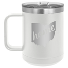 Laser etched white 15 oz vacuum insulated coffee mug with 'Ohio Home' design