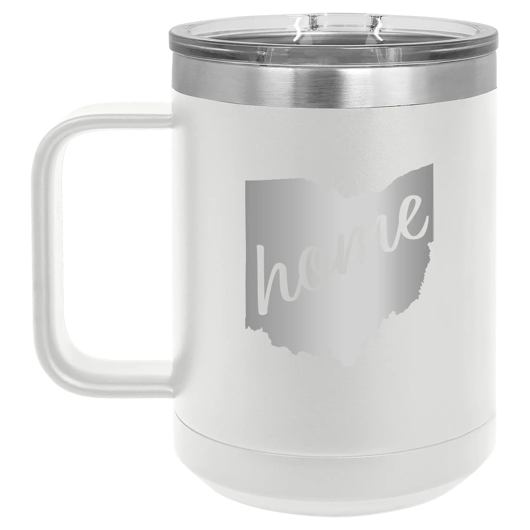 Laser etched white 15 oz vacuum insulated coffee mug with 'Ohio Home' design
