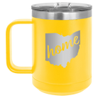 Laser etched yellow 15 oz vacuum insulated coffee mug with 'Ohio Home' design