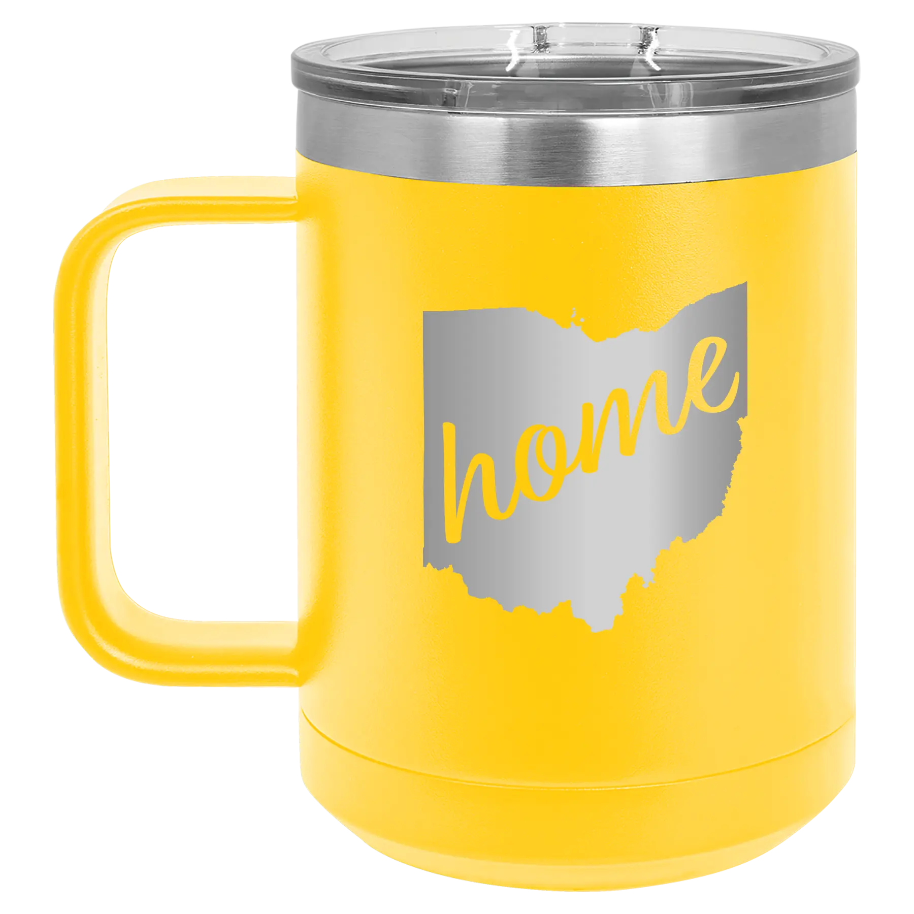 Laser etched yellow 15 oz vacuum insulated coffee mug with 'Ohio Home' design