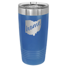 Laser etched royal blue 20 oz vacuum insulated tumbler with 'Ohio Home' design