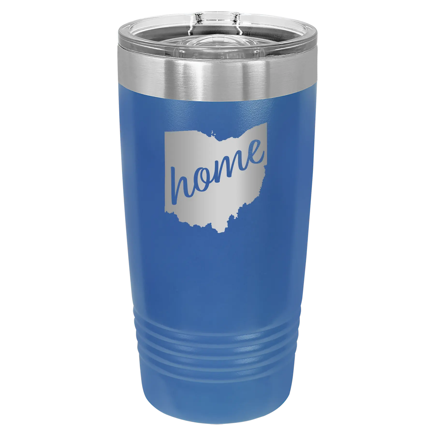 Laser etched royal blue 20 oz vacuum insulated tumbler with 'Ohio Home' design