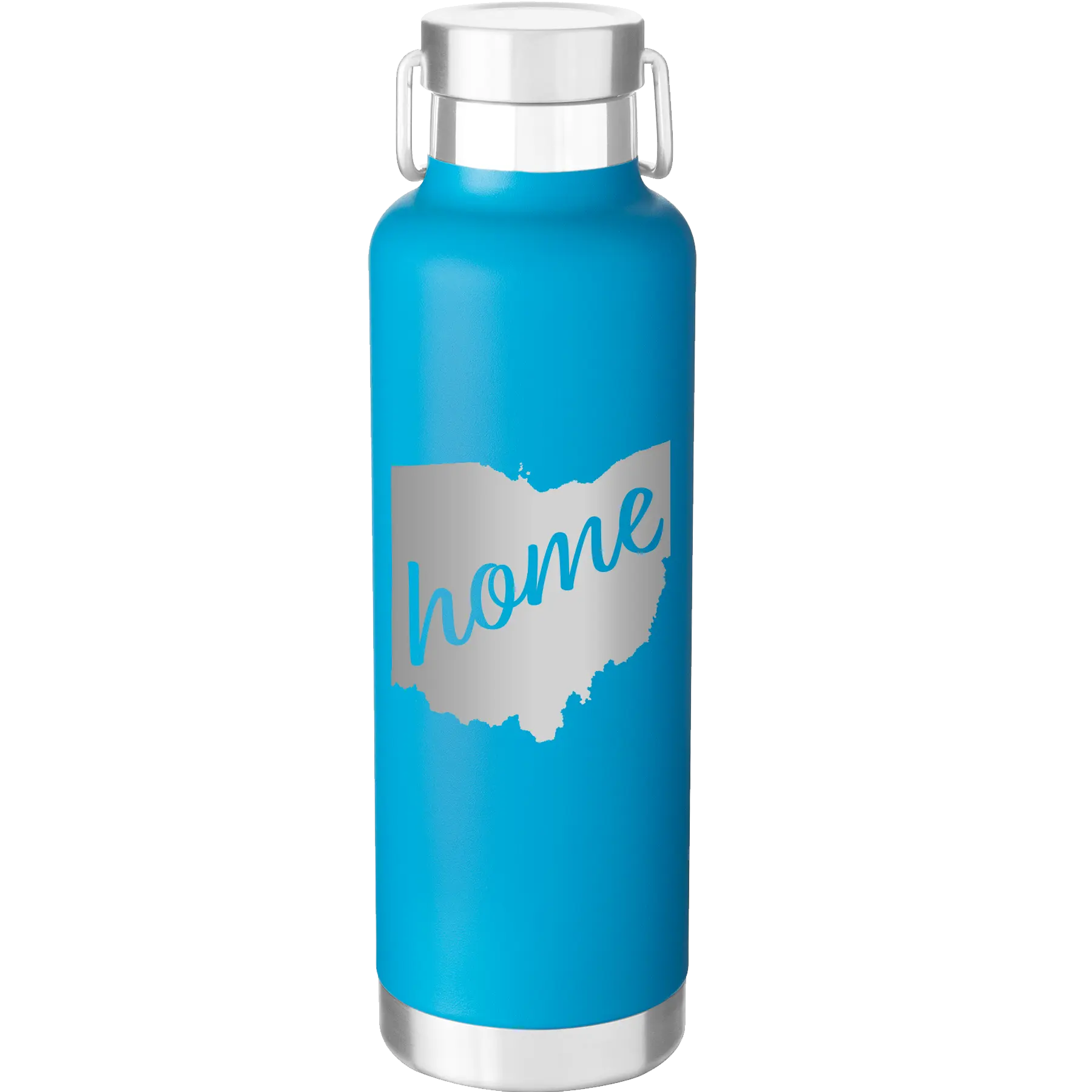 Laser etched aqua 24 oz vacuum insulated water bottle with 'Ohio Home' design