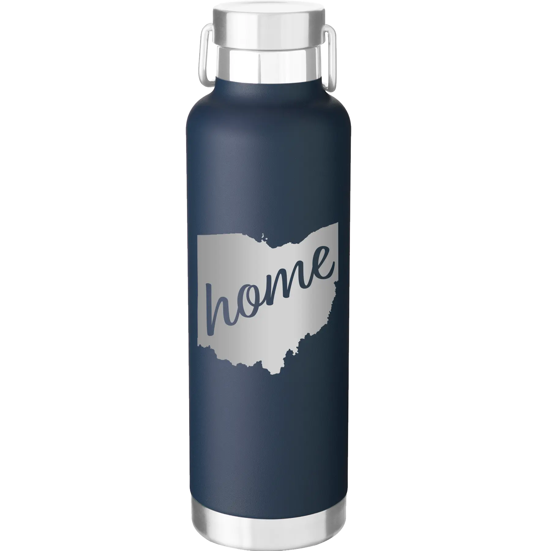Laser etched navy 24 oz vacuum insulated water bottle with 'Ohio Home' design